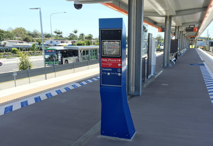 Public transport and railway intercoms and pedestal kiosks, custom designed and manufactured by Security Design Co Brisbane.